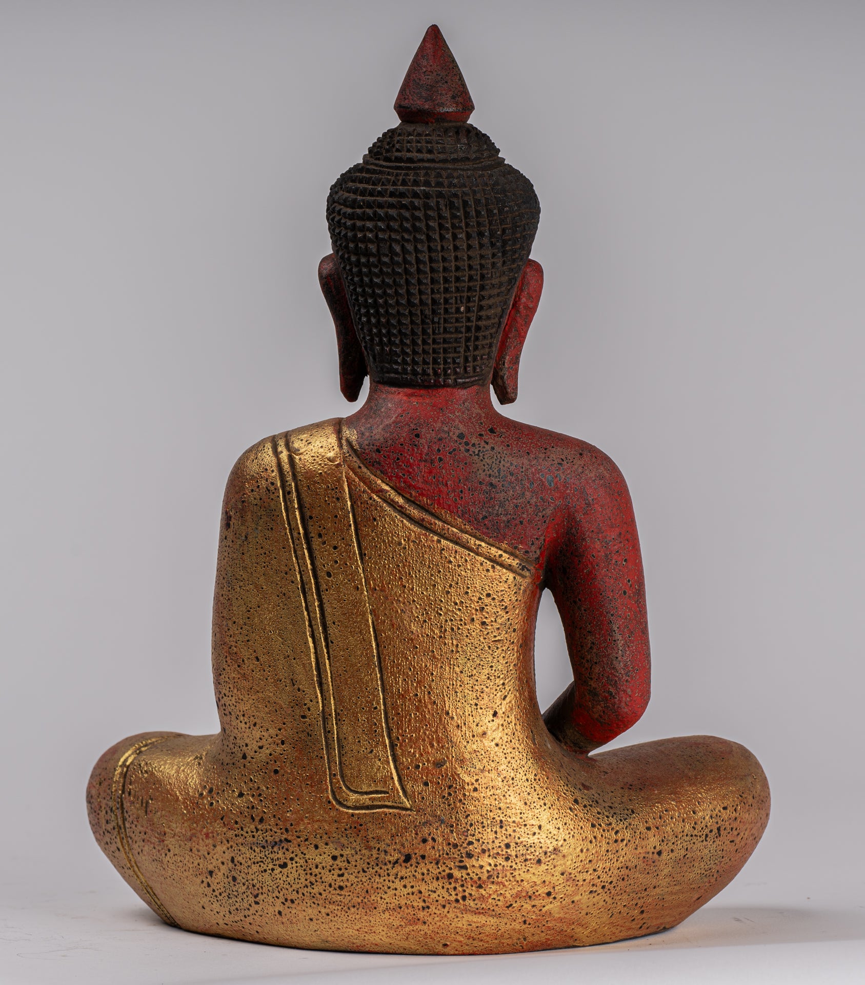 Buddha Sculpture - Antique Khmer Style Wood Seated Buddha Statue Dhyana Meditation Mudra - 27cm/11"