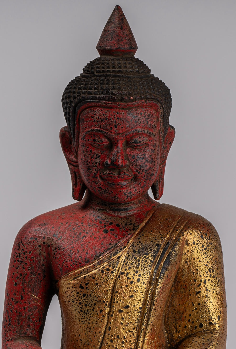 Buddha Sculpture - Antique Khmer Style Wood Seated Buddha Statue Dhyana Meditation Mudra - 27cm/11"