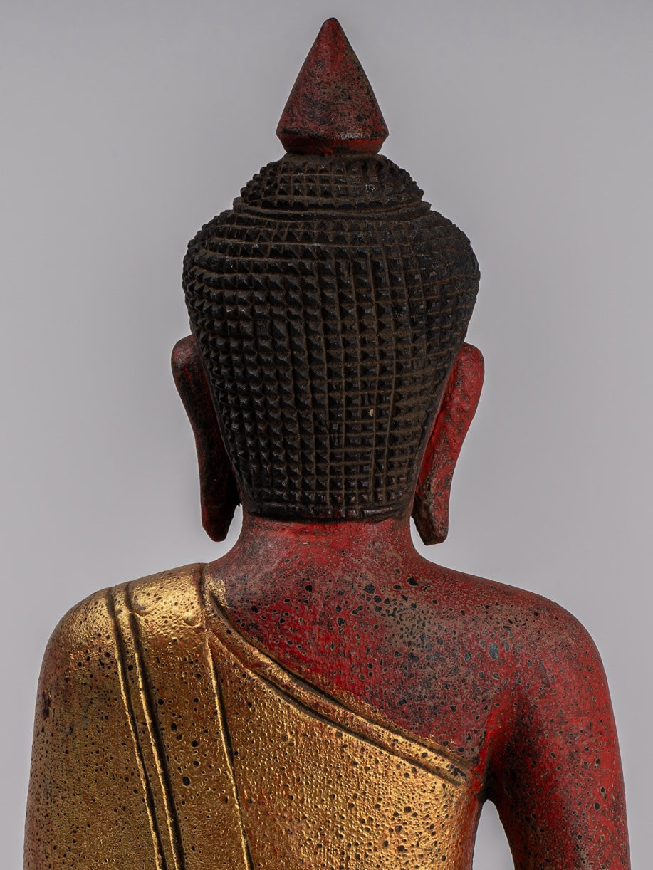 Buddha Sculpture - Antique Khmer Style Wood Seated Buddha Statue Dhyana Meditation Mudra - 27cm/11"