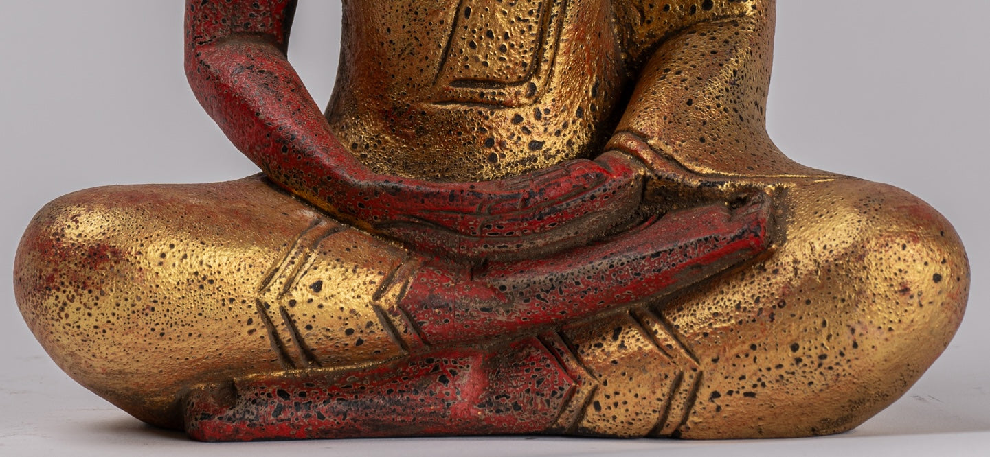 Buddha Sculpture - Antique Khmer Style Wood Seated Buddha Statue Dhyana Meditation Mudra - 27cm/11"