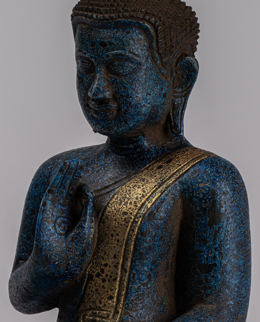 Buddha Statue - Antique Khmer Style Cambodia Seated Wood Buddha Statue Teaching Mudra - 32cm/13"