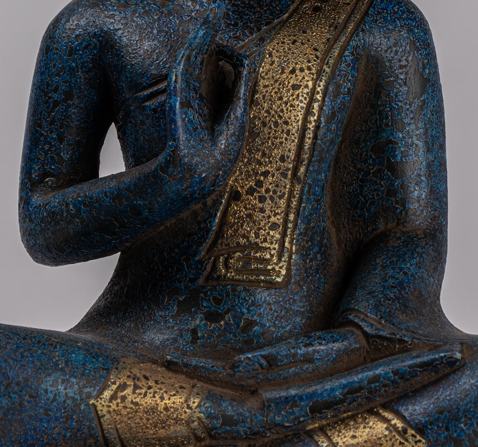 Buddha Statue - Antique Khmer Style Cambodia Seated Wood Buddha Statue Teaching Mudra - 32cm/13"