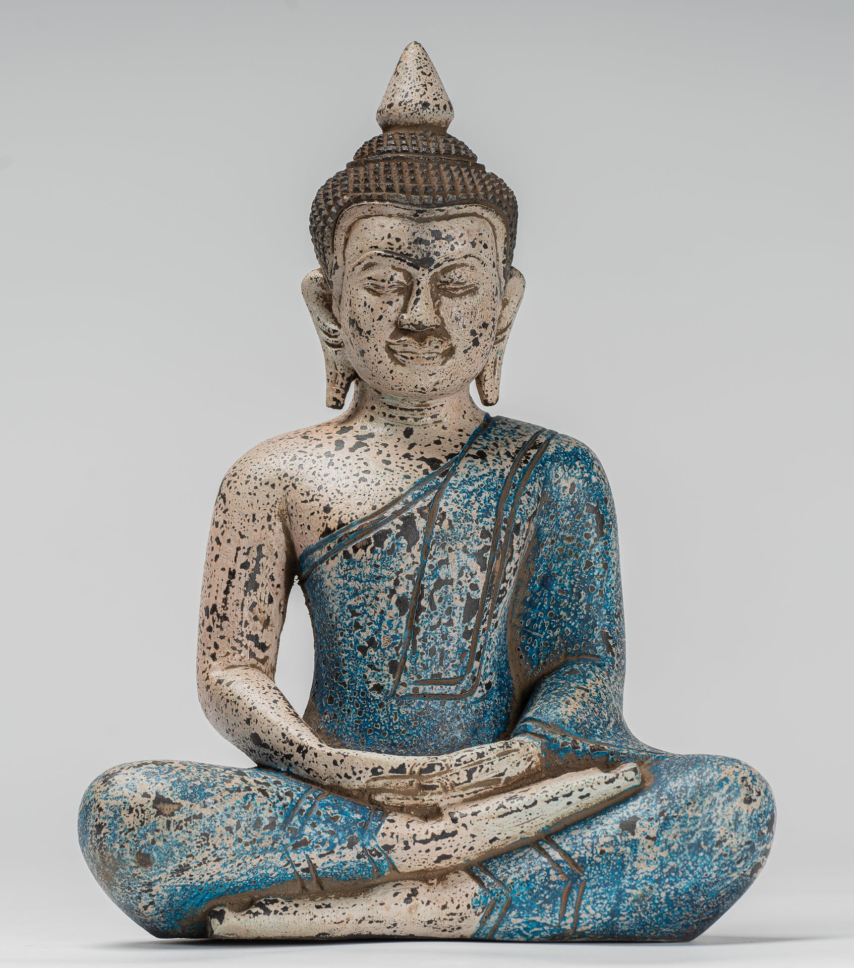 Buddha Sculpture - Antique Khmer Style Wood Seated Buddha Statue Dhyana Meditation Mudra - 27cm/11"