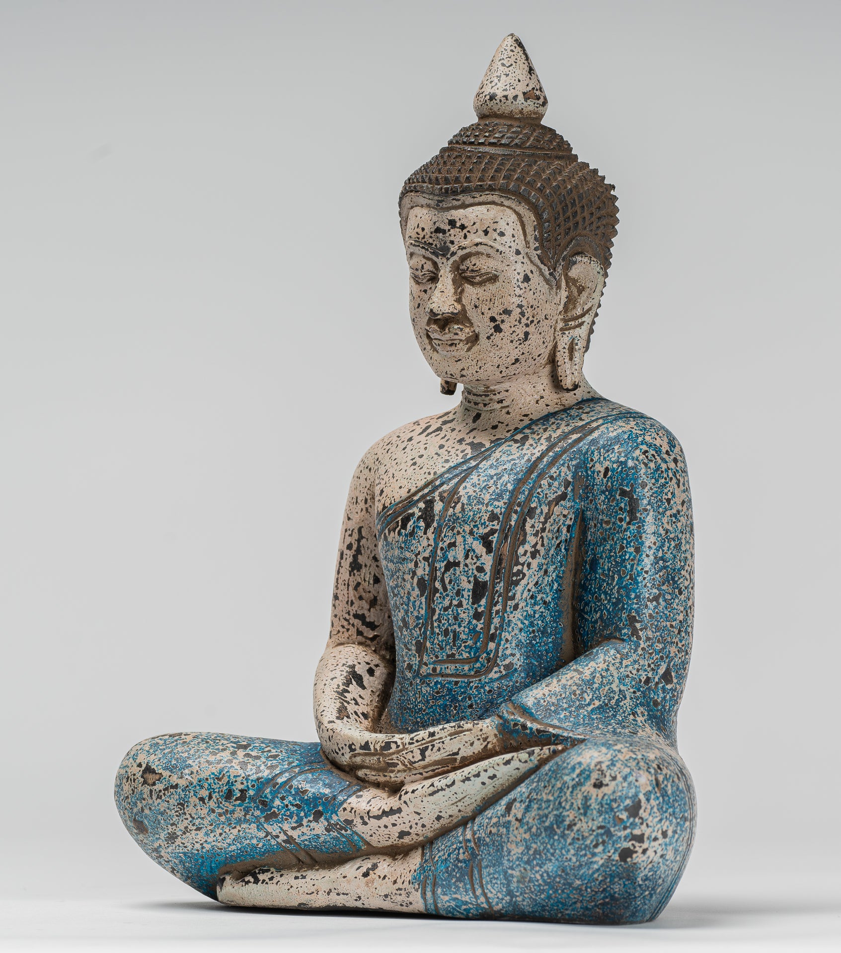 Buddha Sculpture - Antique Khmer Style Wood Seated Buddha Statue Dhyana Meditation Mudra - 27cm/11"