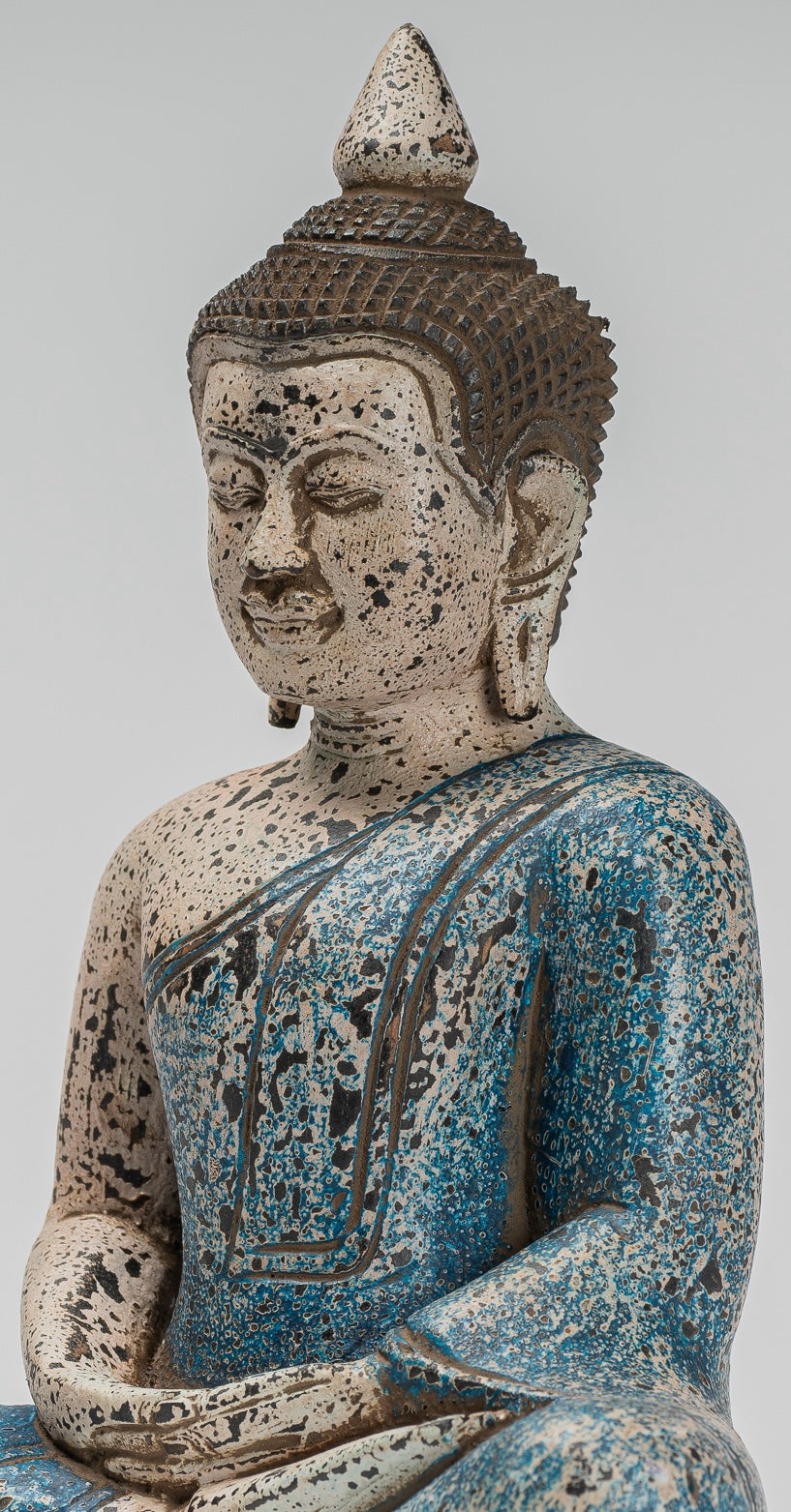 Buddha Sculpture - Antique Khmer Style Wood Seated Buddha Statue Dhyana Meditation Mudra - 27cm/11"