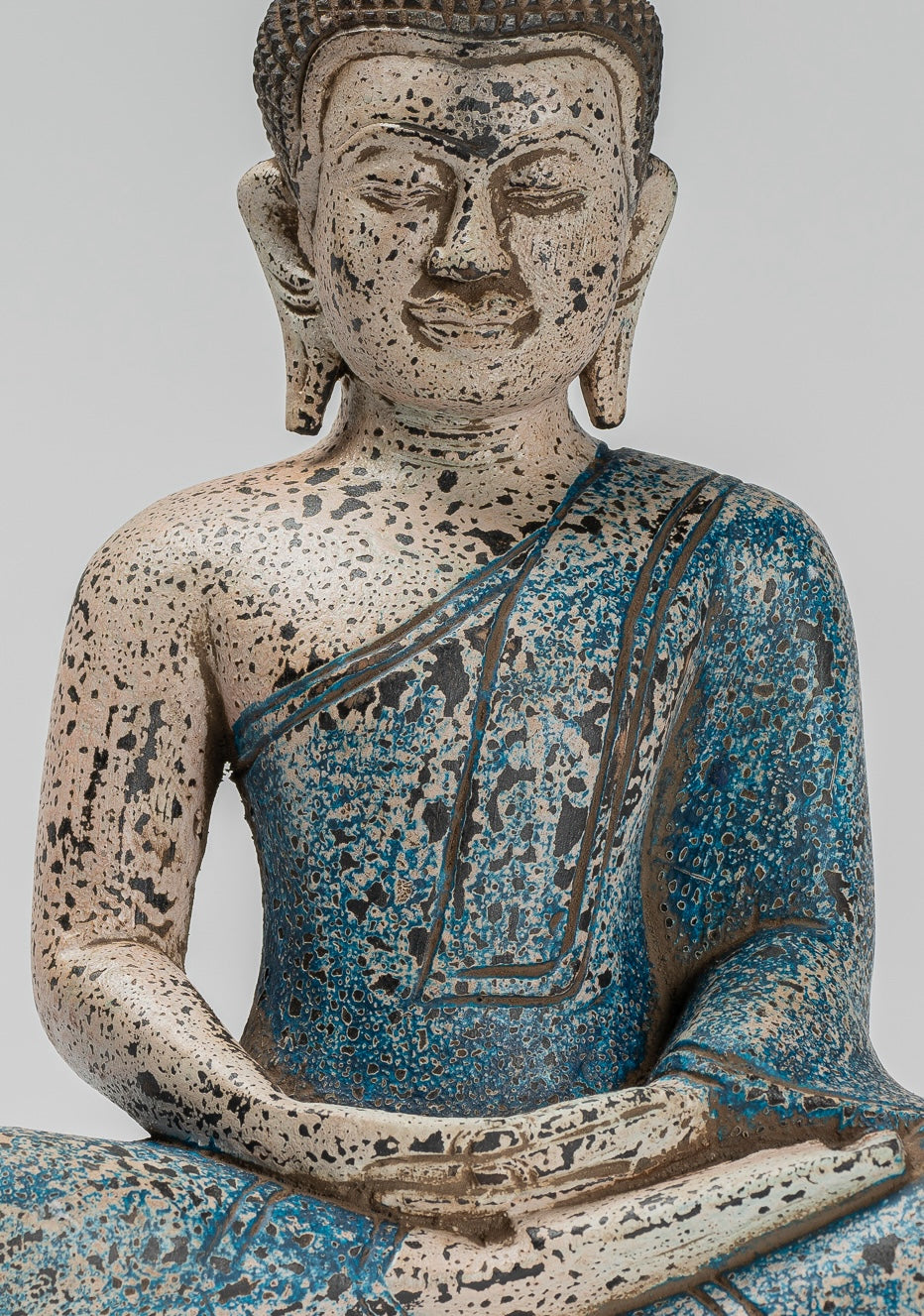 Buddha Sculpture - Antique Khmer Style Wood Seated Buddha Statue Dhyana Meditation Mudra - 27cm/11"