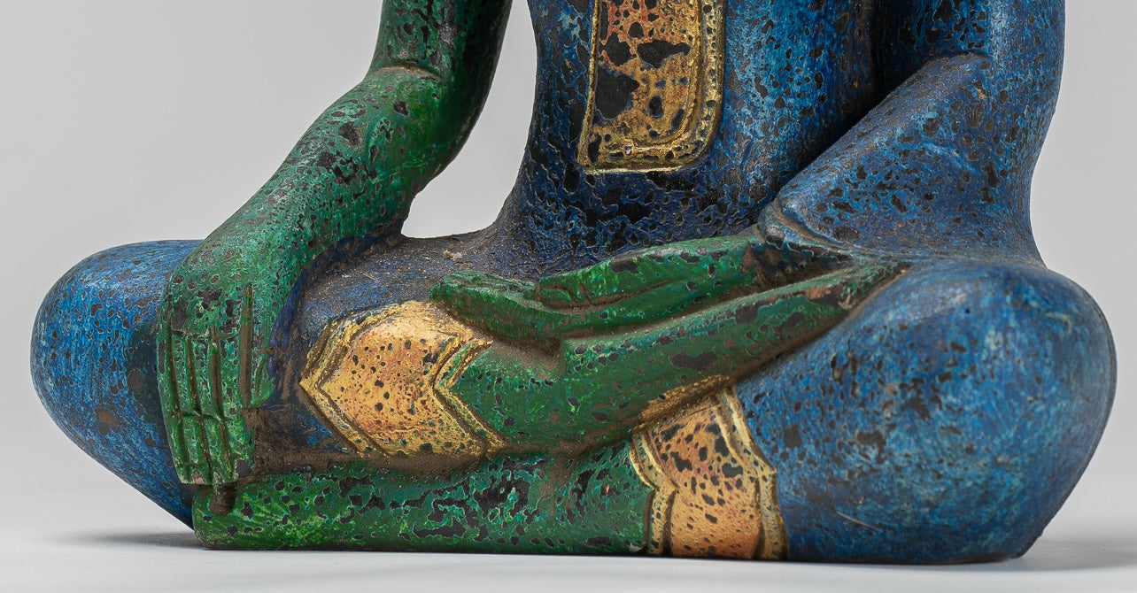 Buddha Statue - Antique Khmer Style SE Asia Seated Wood Enlightenment Buddha Statue - 27cm/11"