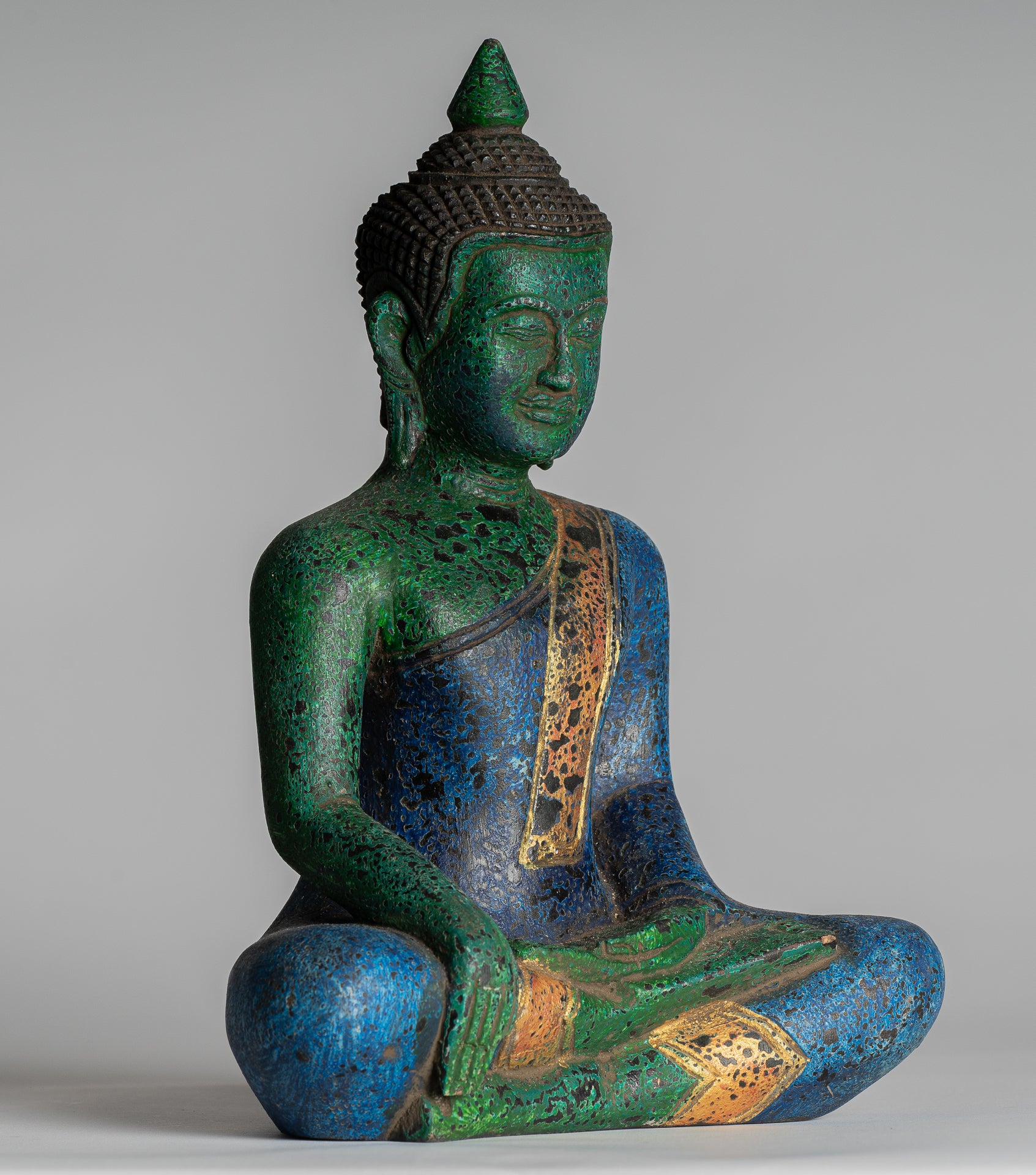 Buddha Statue - Antique Khmer Style SE Asia Seated Wood Enlightenment Buddha Statue - 27cm/11"