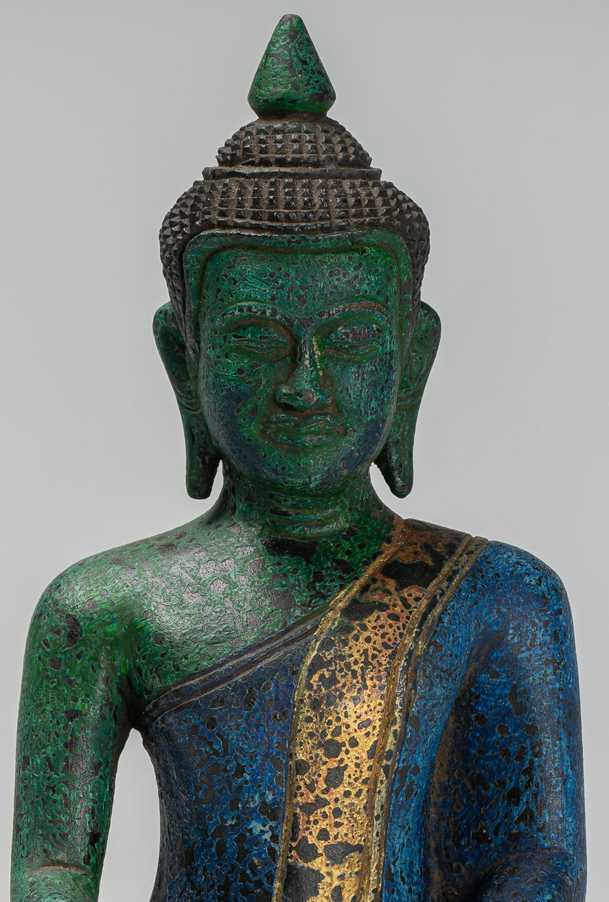 Buddha Statue - Antique Khmer Style SE Asia Seated Wood Enlightenment Buddha Statue - 27cm/11"