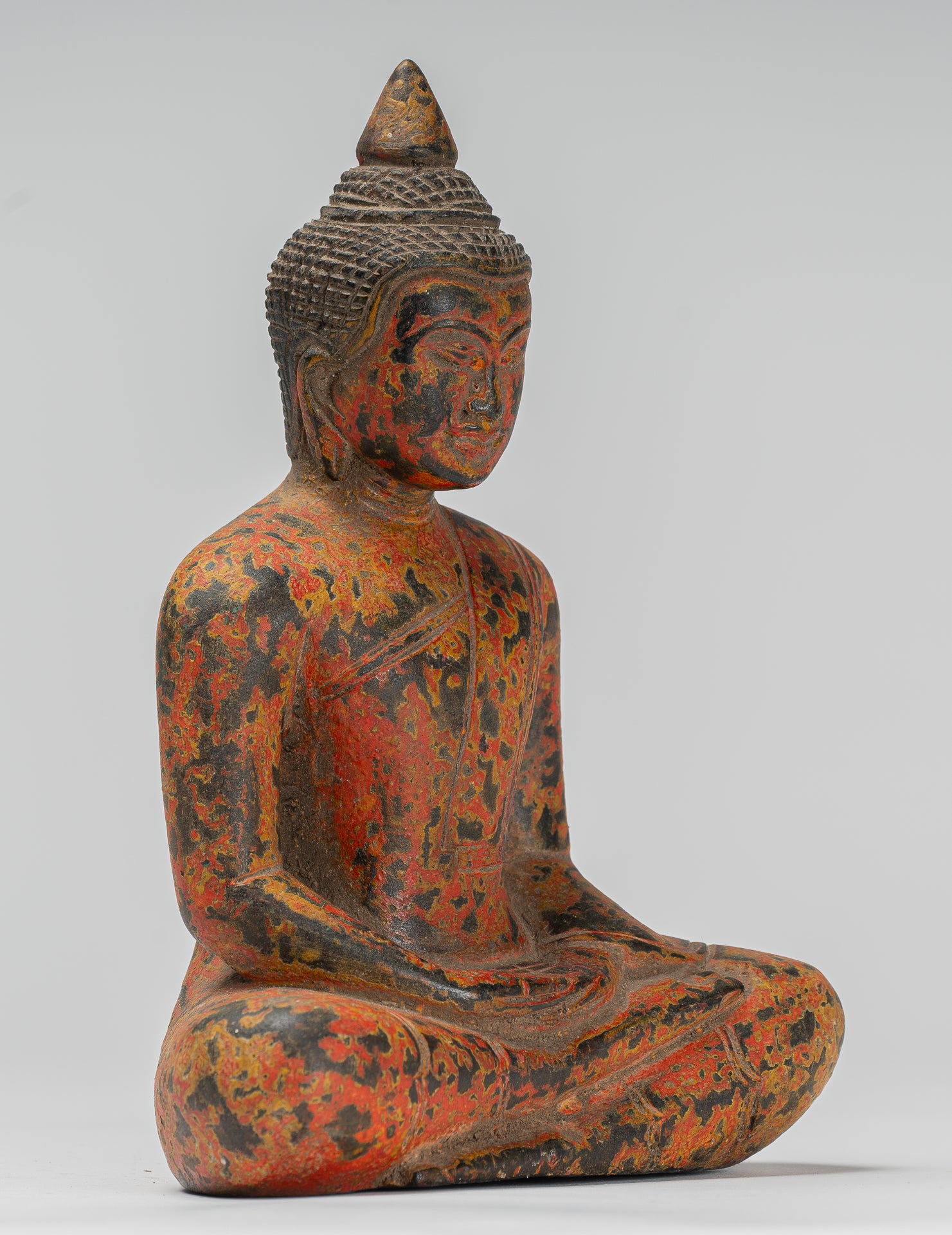 Buddha Sculpture - Antique Khmer Style Wood Seated Buddha Statue Dhyana Meditation Mudra - 21cm/8"