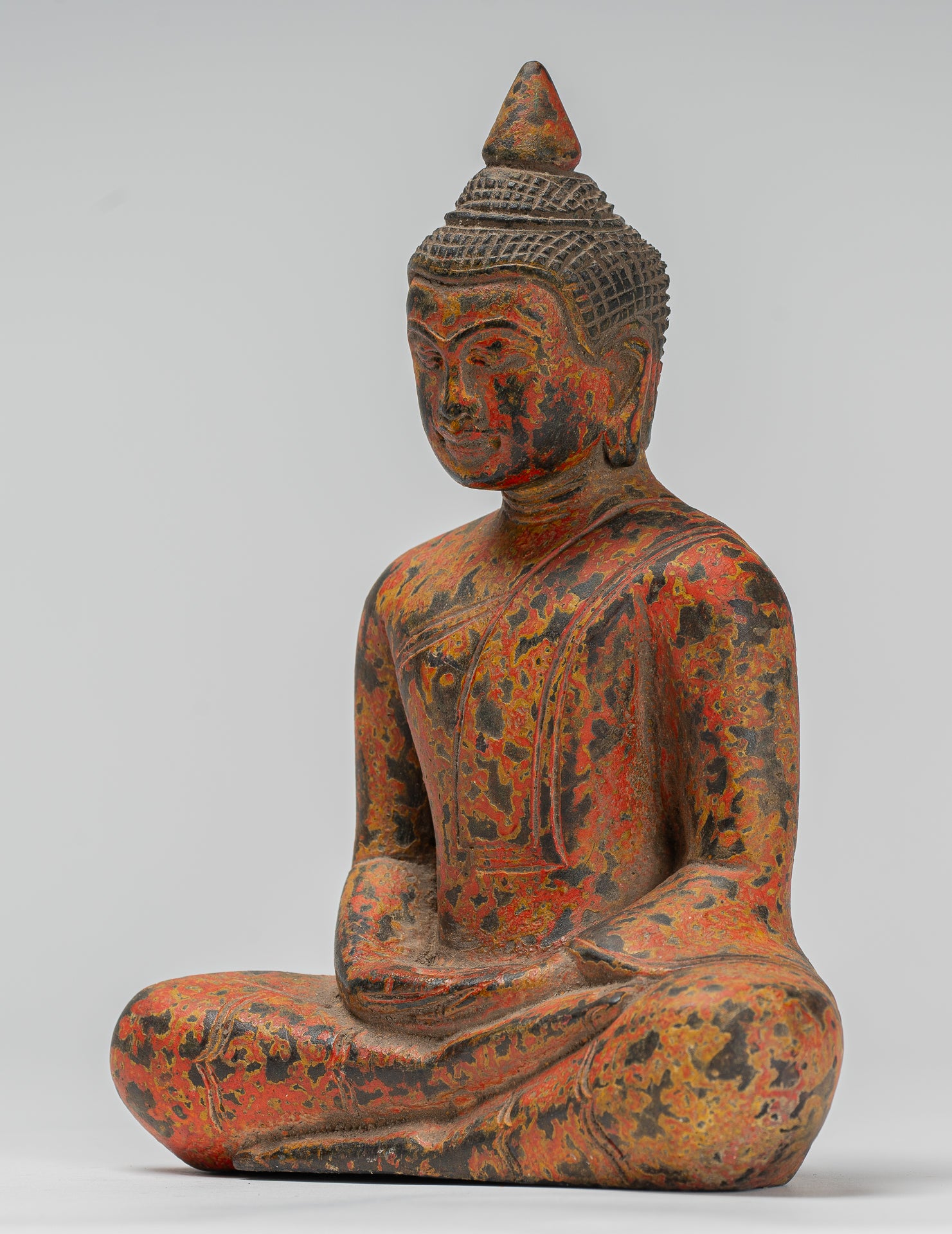 Buddha Sculpture - Antique Khmer Style Wood Seated Buddha Statue Dhyana Meditation Mudra - 21cm/8"