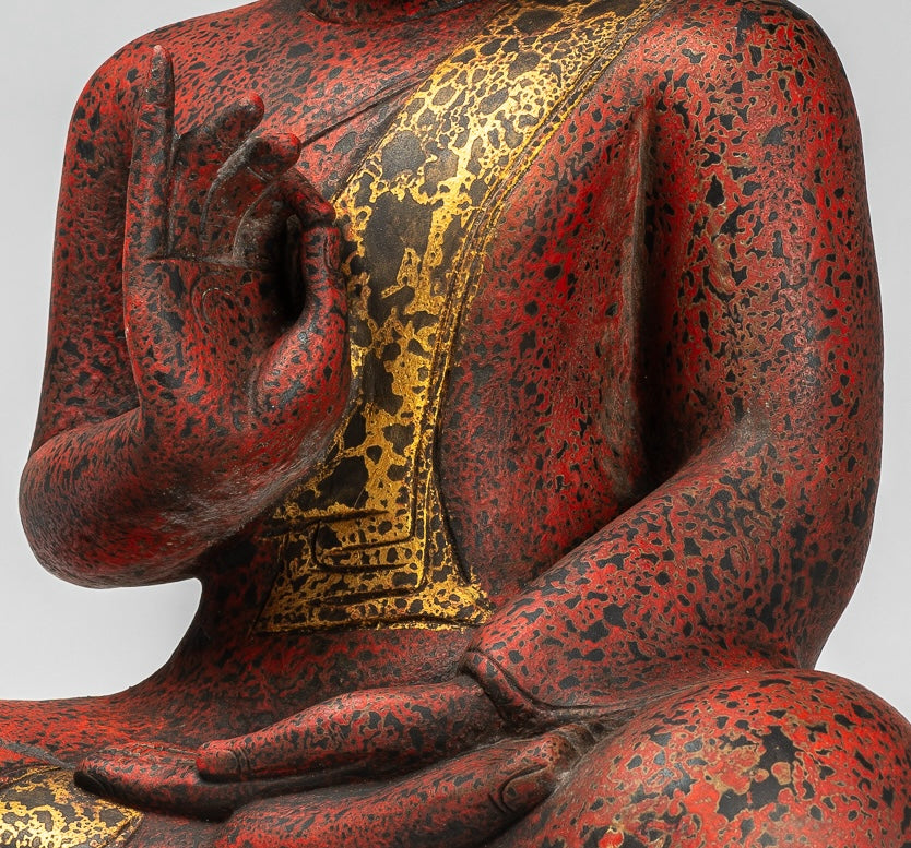 Buddha Statue - Antique Khmer Style Cambodia Seated Wood Buddha Statue Teaching Mudra - 70cm/28"