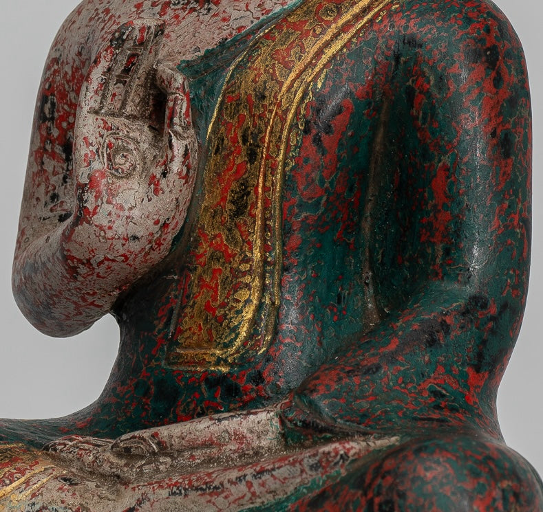 Buddha Statue - Antique Khmer Style Cambodia Seated Wood Buddha Statue Teaching Mudra - 27cm/11"