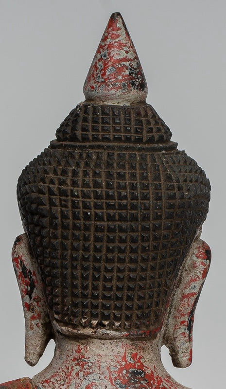 Buddha Statue - Antique Khmer Style Cambodia Seated Wood Buddha Statue Teaching Mudra - 27cm/11"