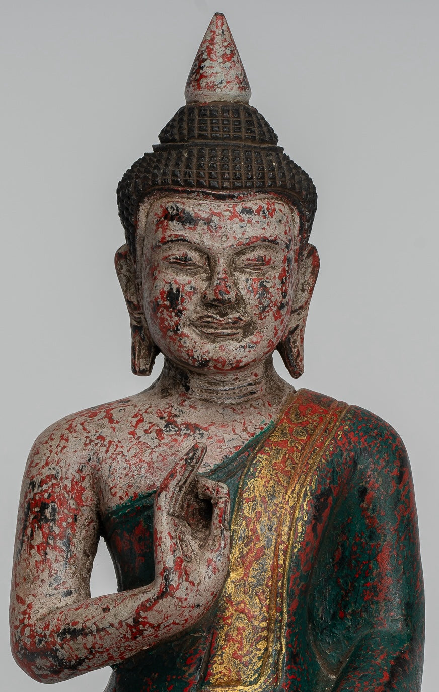 Buddha Statue - Antique Khmer Style Cambodia Seated Wood Buddha Statue Teaching Mudra - 27cm/11"