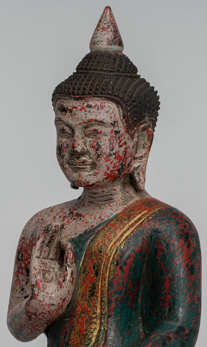 Buddha Statue - Antique Khmer Style Cambodia Seated Wood Buddha Statue Teaching Mudra - 27cm/11"