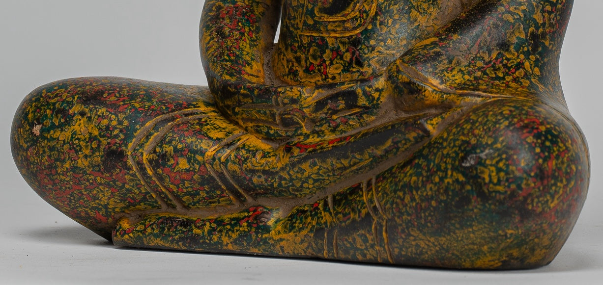 Buddha Sculpture - Antique Khmer Style Wood Seated Buddha Statue Dhyana Meditation Mudra - 27cm/11"