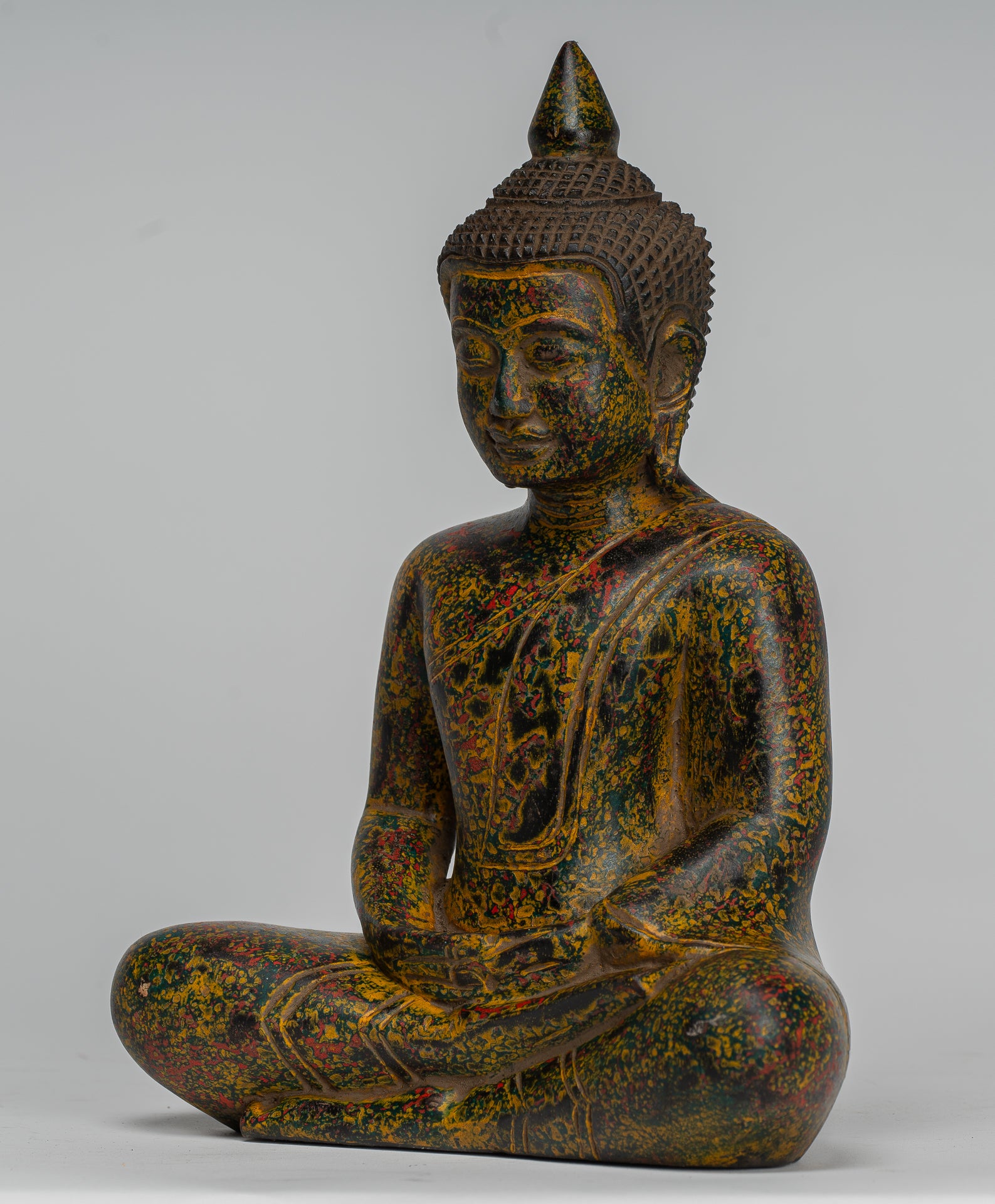Buddha Sculpture - Antique Khmer Style Wood Seated Buddha Statue Dhyana Meditation Mudra - 27cm/11"