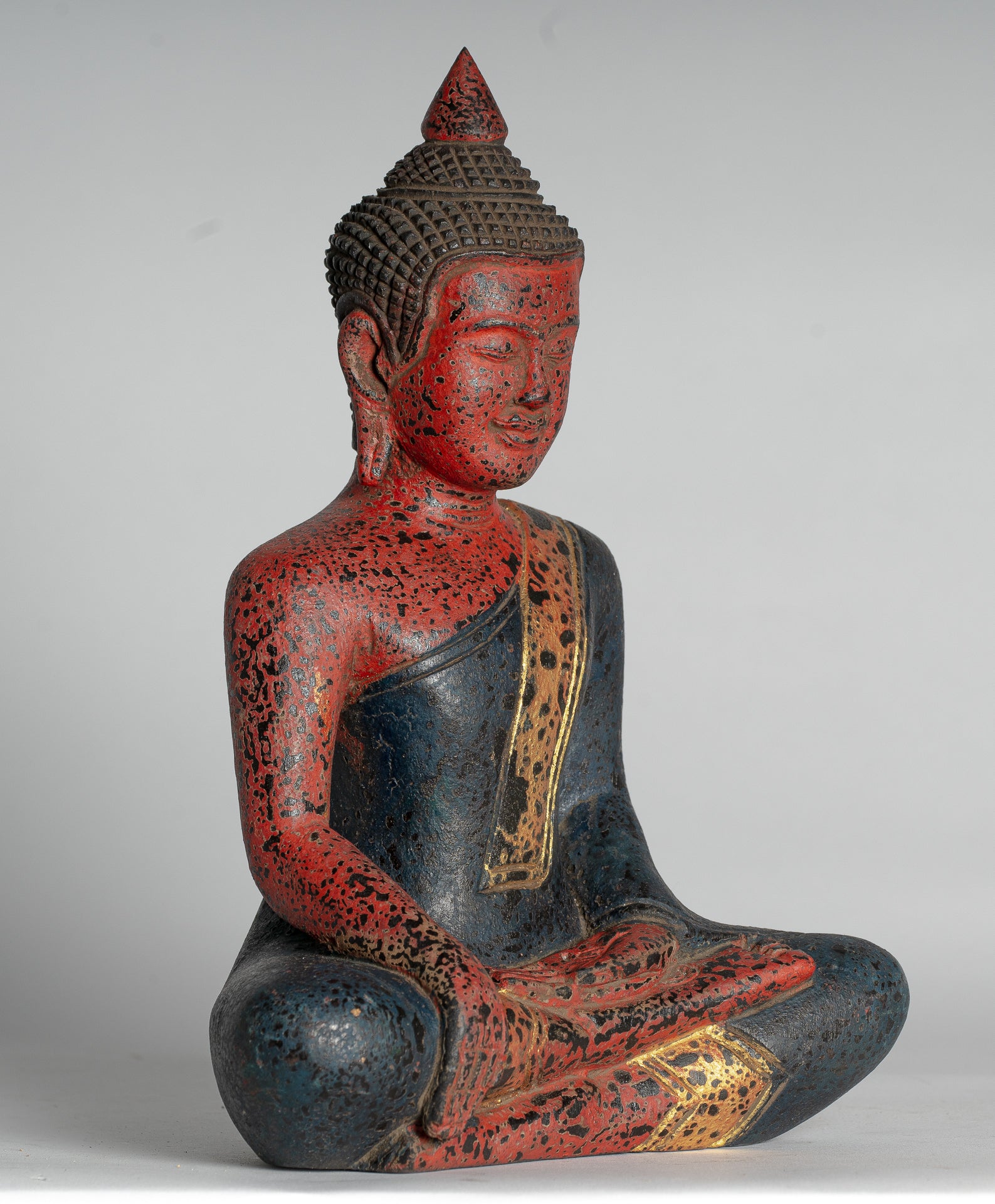 Buddha Statue - Antique Khmer Style SE Asia Seated Wood Enlightenment Buddha Statue - 27cm/11"