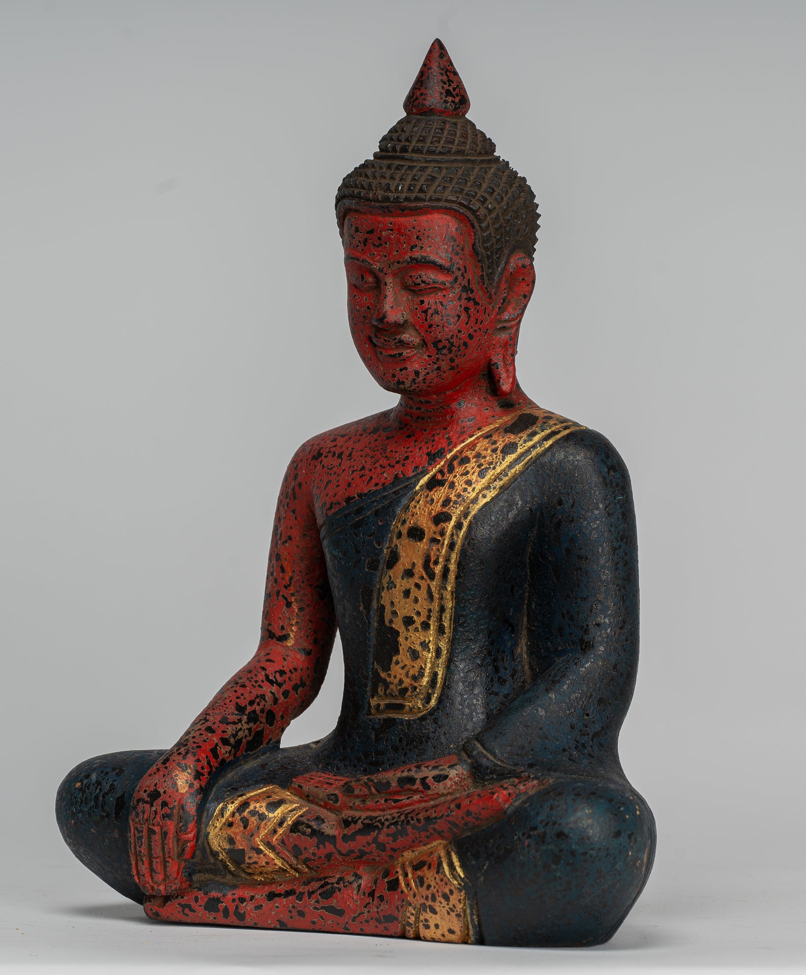 Buddha Statue - Antique Khmer Style SE Asia Seated Wood Enlightenment Buddha Statue - 27cm/11"