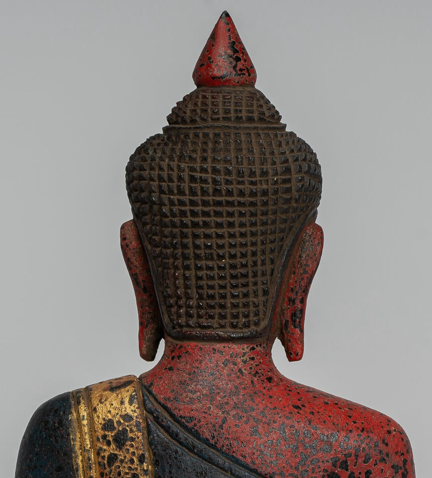 Buddha Statue - Antique Khmer Style SE Asia Seated Wood Enlightenment Buddha Statue - 27cm/11"