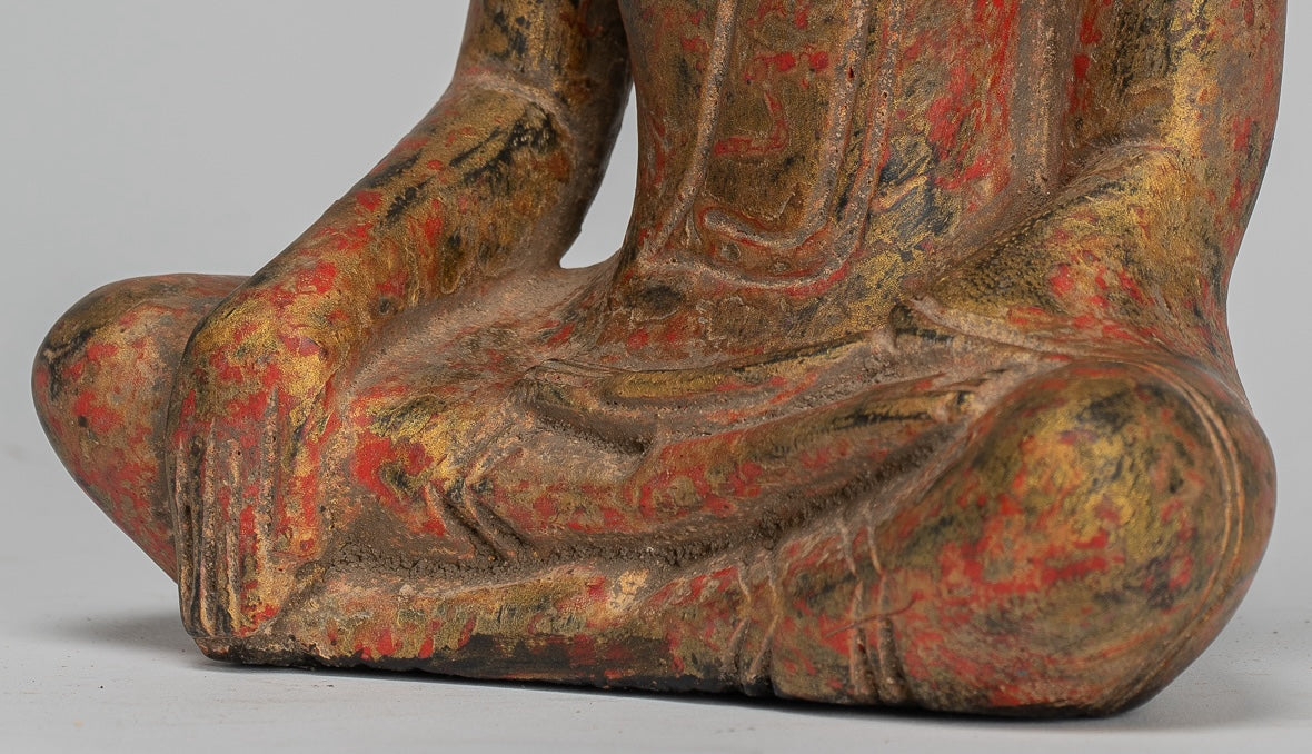 Buddha Statue - Antique Khmer Style SE Asia Seated Wood Enlightenment Buddha Statue - 21cm/8"