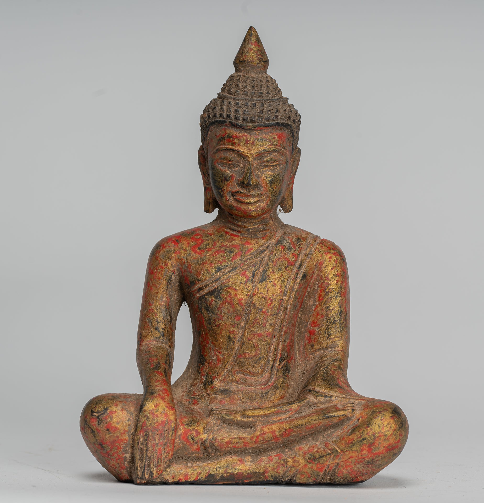 Buddha Statue - Antique Khmer Style SE Asia Seated Wood Enlightenment Buddha Statue - 21cm/8"