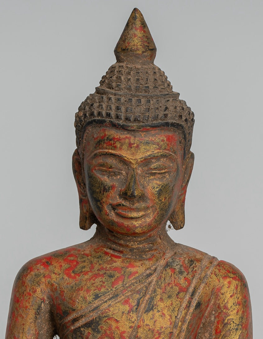 Buddha Statue - Antique Khmer Style SE Asia Seated Wood Enlightenment Buddha Statue - 21cm/8"