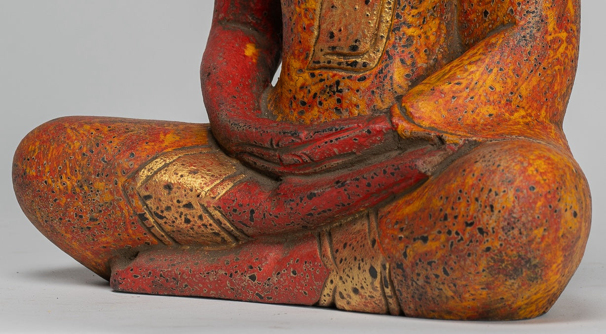 Buddha Sculpture - Antique Khmer Style Wood Seated Buddha Statue Dhyana Meditation Mudra - 27cm/11"
