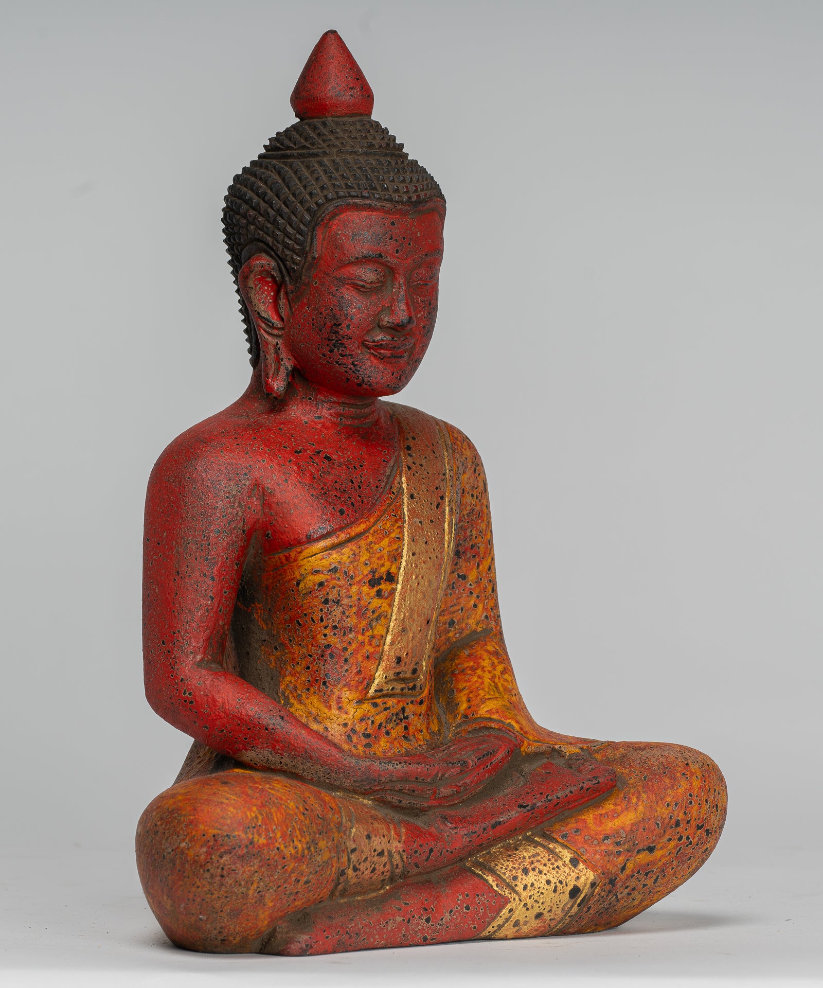 Buddha Sculpture - Antique Khmer Style Wood Seated Buddha Statue Dhyana Meditation Mudra - 27cm/11"