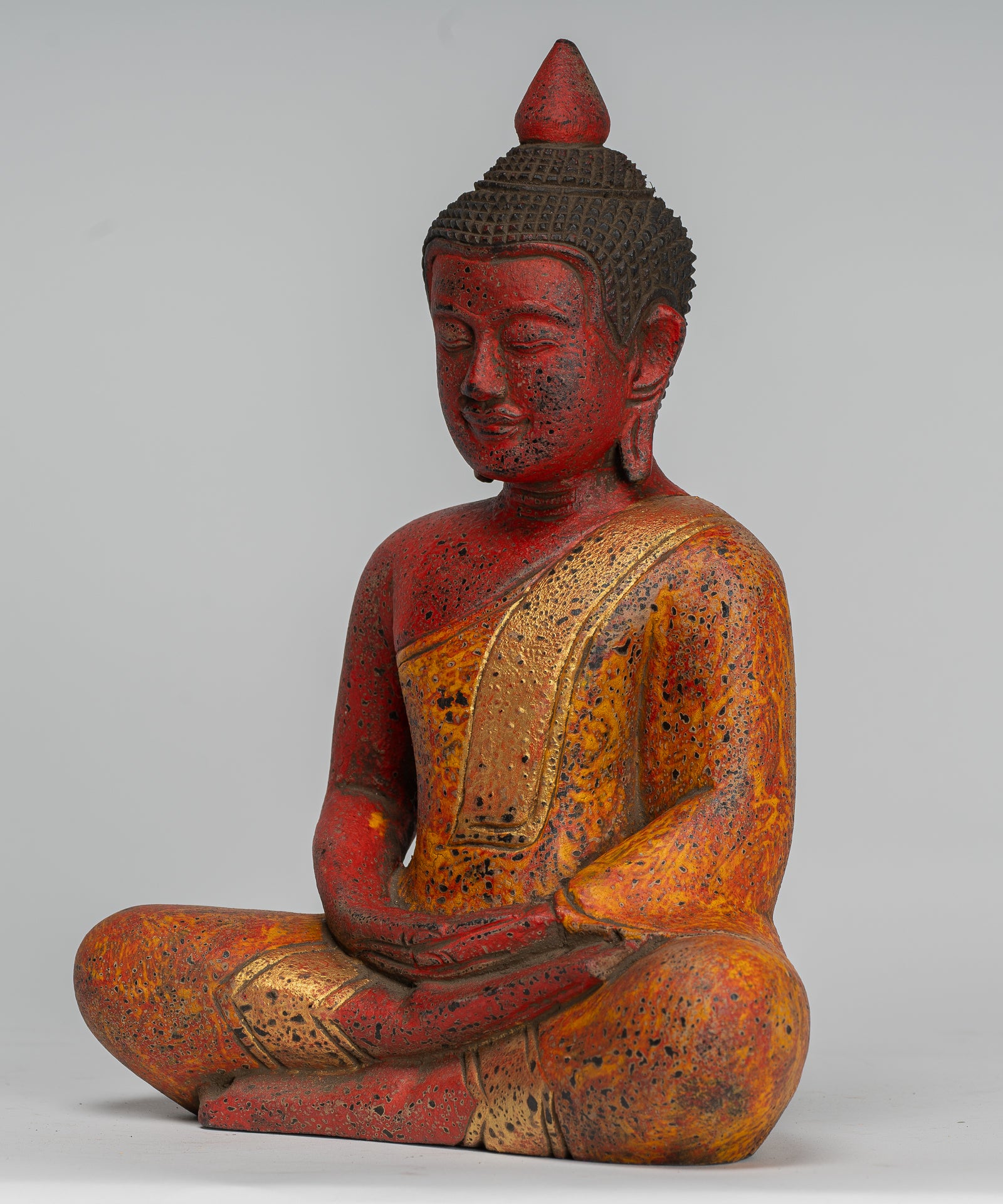 Buddha Sculpture - Antique Khmer Style Wood Seated Buddha Statue Dhyana Meditation Mudra - 27cm/11"