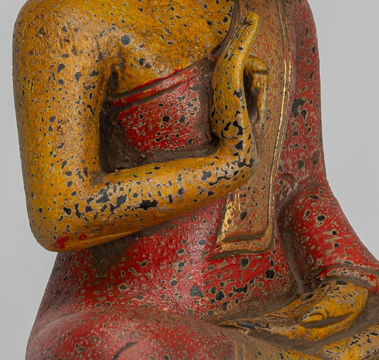 Buddha Statue - Antique Khmer Style Cambodia Seated Wood Buddha Statue Teaching Mudra - 26cm/10"
