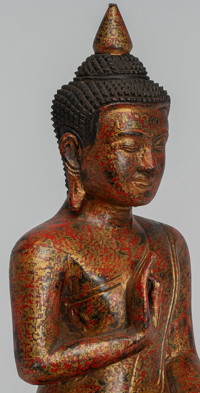 Buddha Statue - Antique Khmer Style Cambodia Seated Wood Buddha Statue Teaching Mudra - 26cm/10"