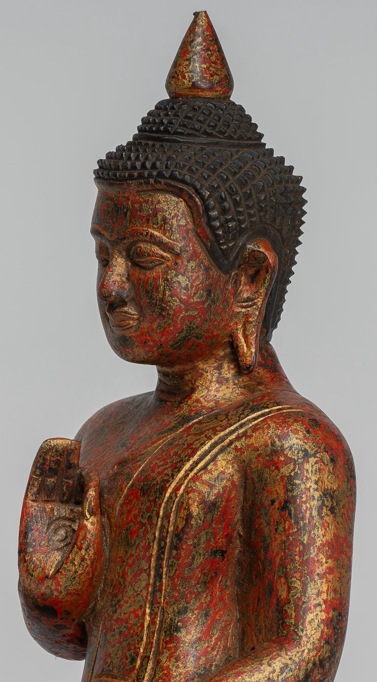 Buddha Statue - Antique Khmer Style Cambodia Seated Wood Buddha Statue Teaching Mudra - 26cm/10"