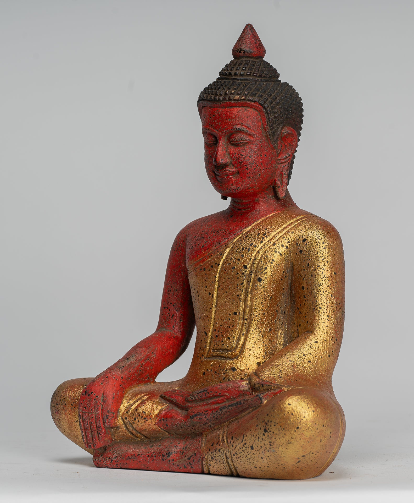 Buddha Statue - Antique Khmer Style SE Asia Seated Wood Enlightenment Buddha Statue - 27cm/11"