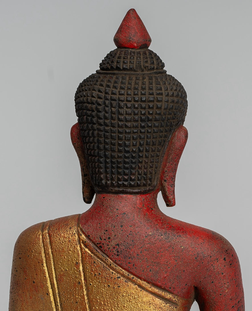 Buddha Statue - Antique Khmer Style SE Asia Seated Wood Enlightenment Buddha Statue - 27cm/11"