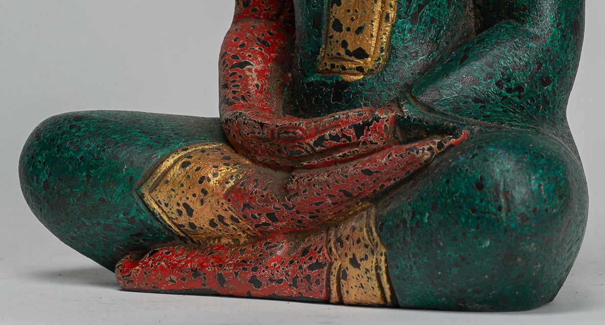 Buddha-Skulptur – sitzende Buddha-Statue aus Holz im antiken Khmer-Stil, Dhyana-Meditations-Mudra – 26 cm.