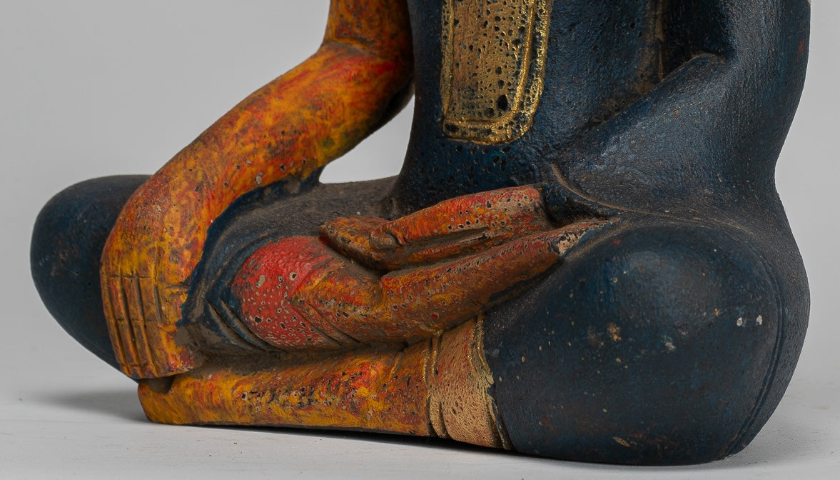 Buddha Statue - Antique Khmer Style SE Asia Seated Wood Enlightenment Buddha Statue - 27cm/11"