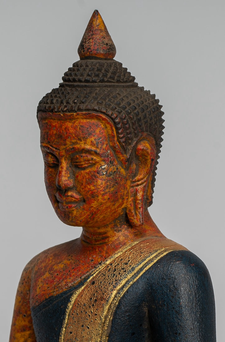 Statua di Buddha - Statua di Buddha illuminato in legno antico in stile Khmer del sud-est asiatico - 27 cm/11"