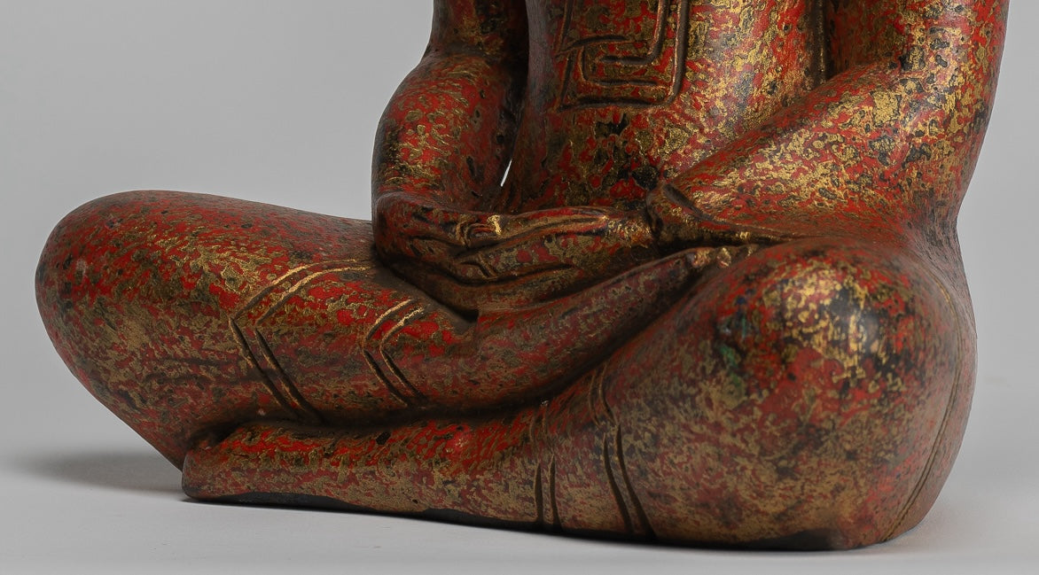 Buddha Sculpture - Antique Khmer Style Wood Seated Buddha Statue Dhyana Meditation Mudra - 32cm/13"