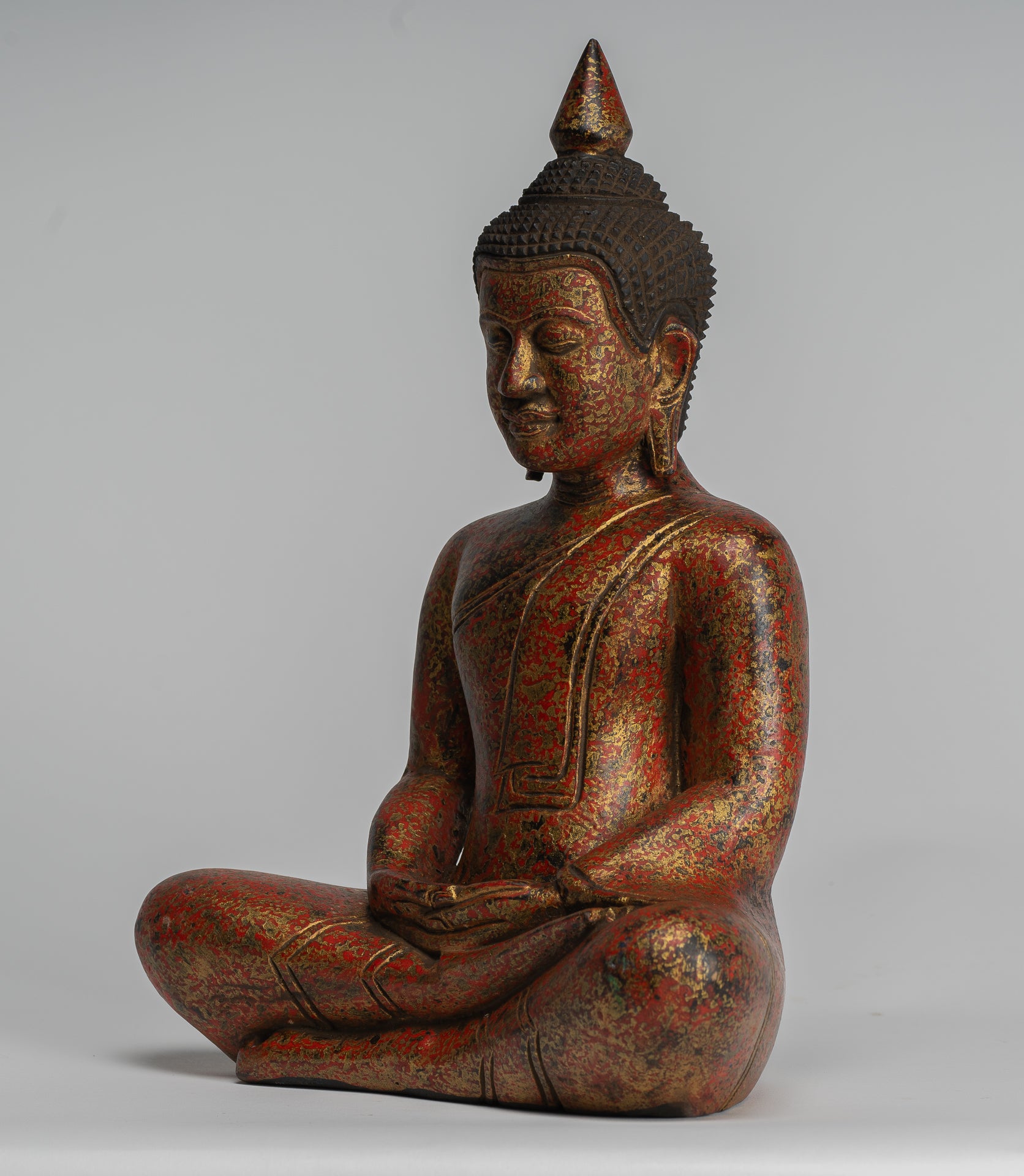 Buddha Sculpture - Antique Khmer Style Wood Seated Buddha Statue Dhyana Meditation Mudra - 32cm/13"