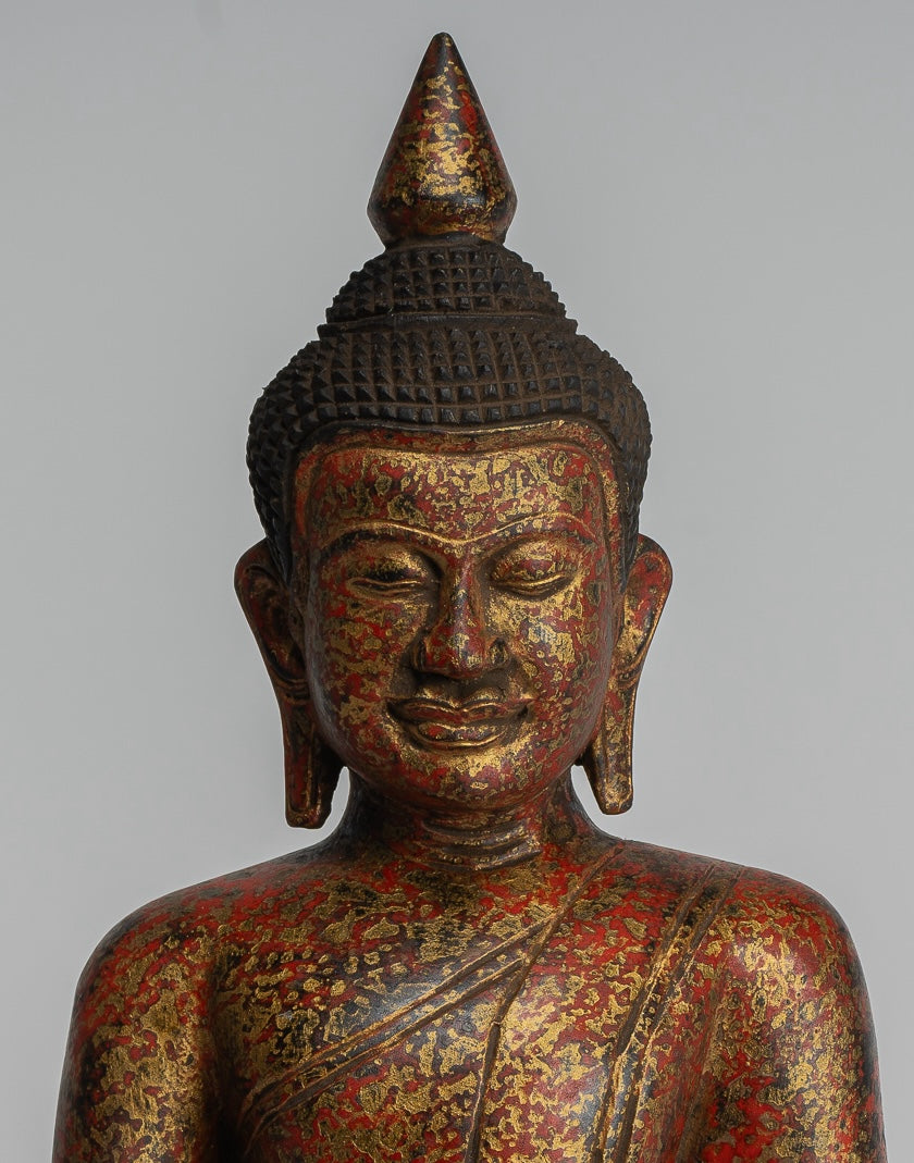 Buddha Sculpture - Antique Khmer Style Wood Seated Buddha Statue Dhyana Meditation Mudra - 32cm/13"