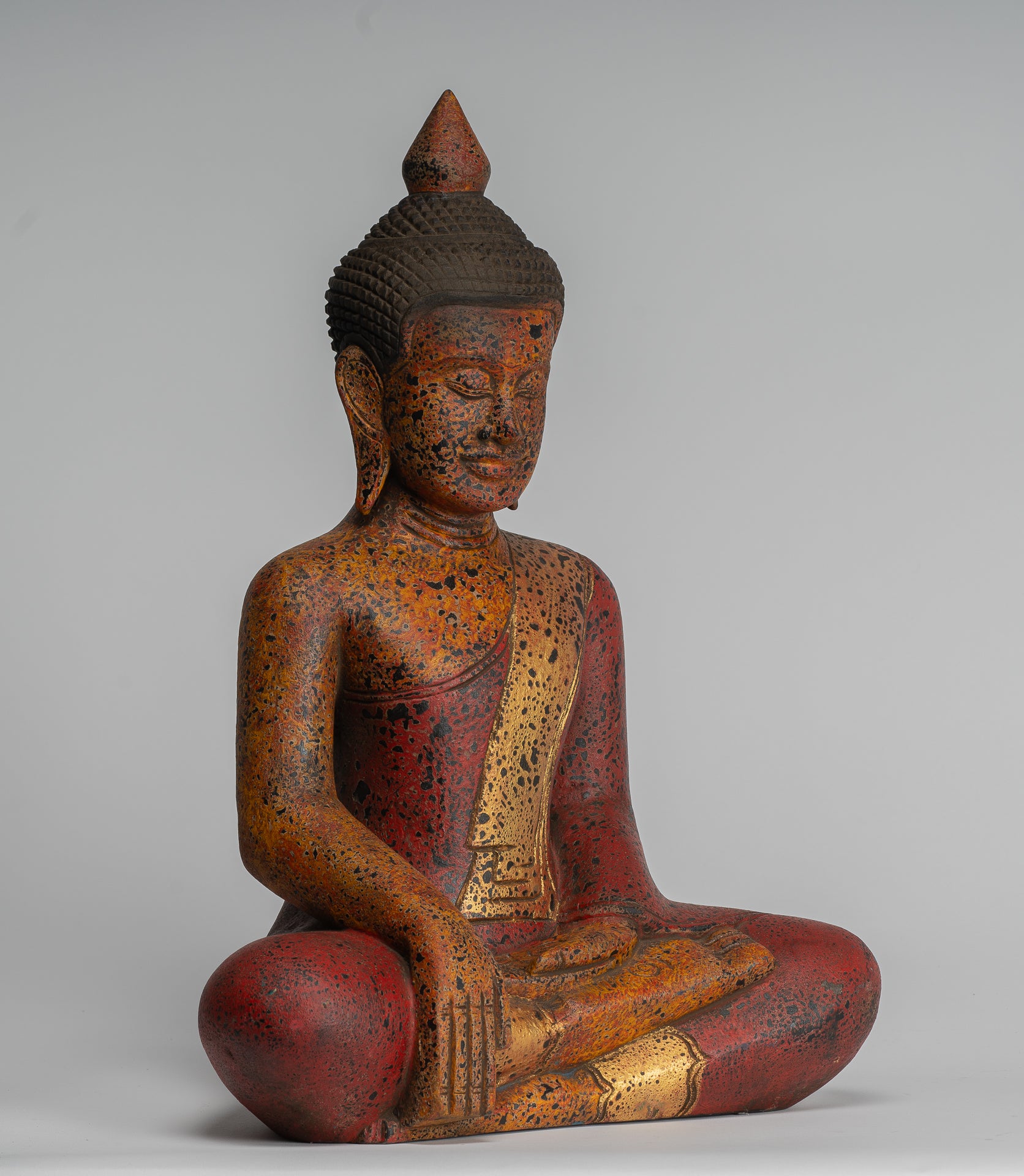 Buddha Statue - Antique Khmer Style SE Asia Seated Wood Enlightenment Buddha Statue - 46cm/18"