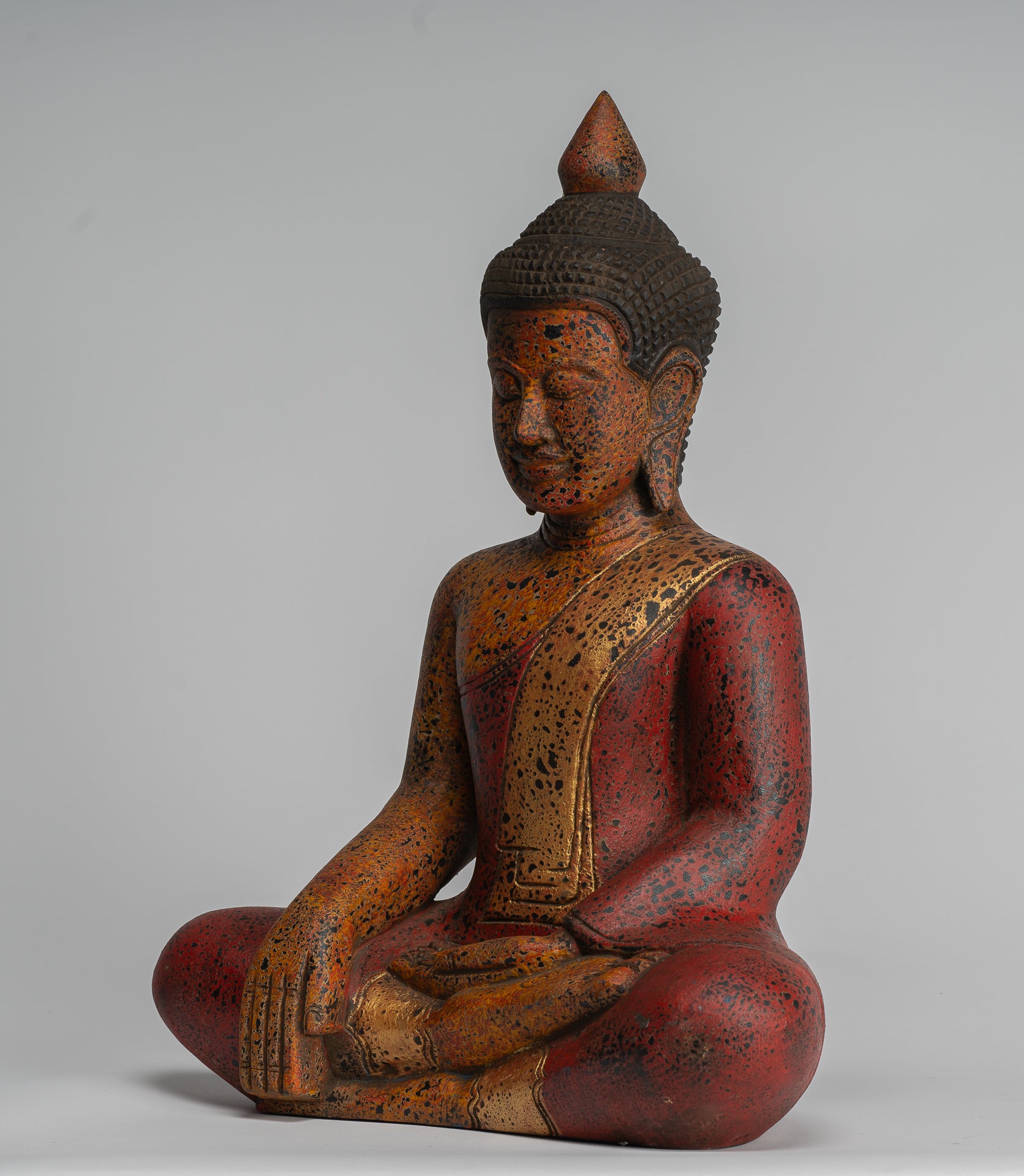 Buddha Statue - Antique Khmer Style SE Asia Seated Wood Enlightenment Buddha Statue - 46cm/18"