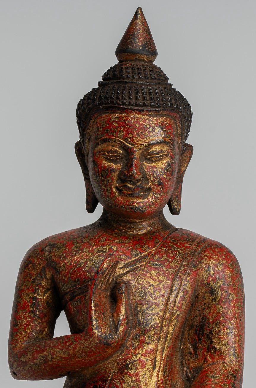 Buddha Sculpture - Buddha - Antique Khmer Style Seated Wood Buddha Statue Teaching Mudra - 20cm/8"