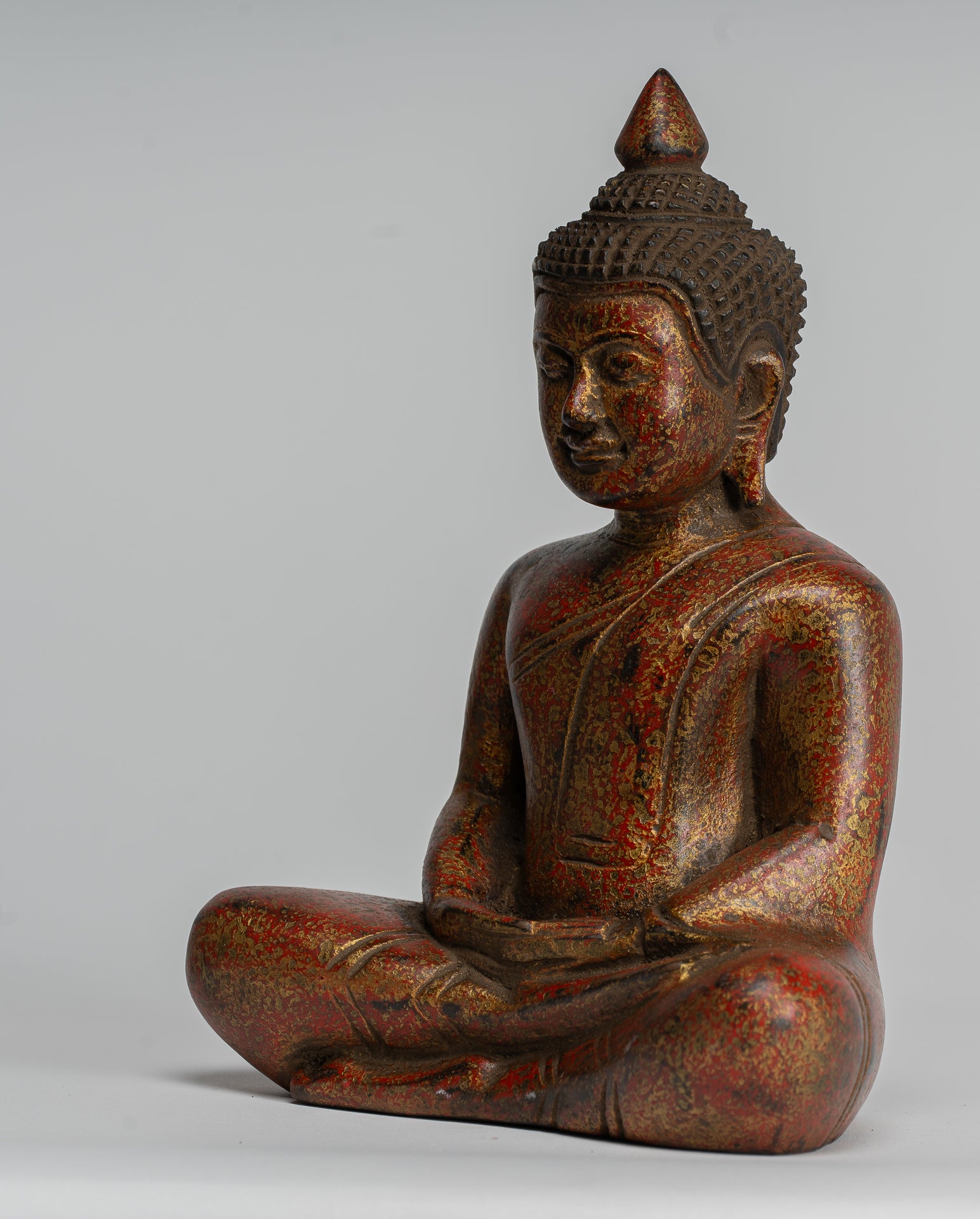 Buddha Sculpture - Antique Khmer Style Wood Seated Buddha Statue Dhyana Meditation Mudra - 20cm/8"