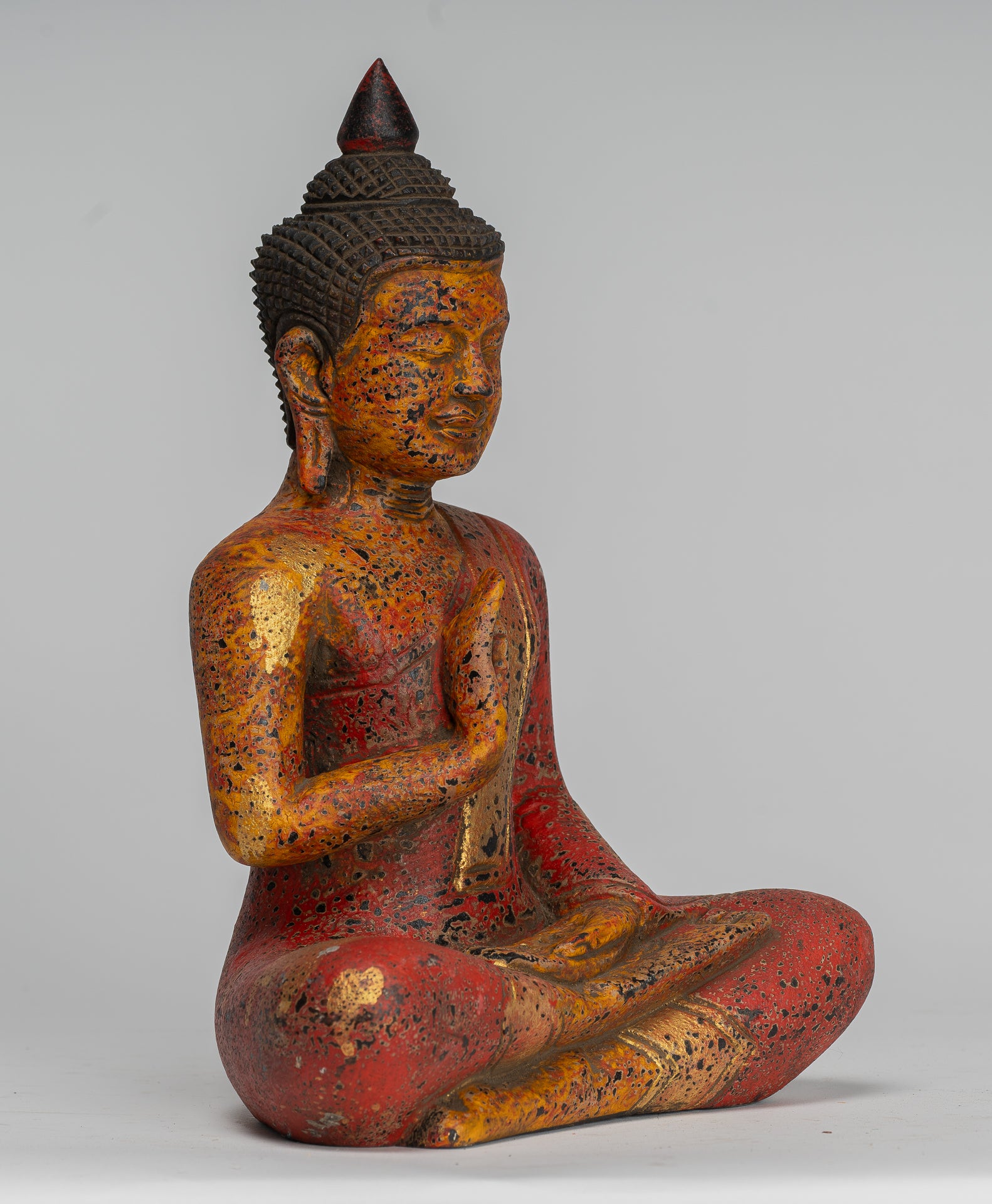 Buddha Statue - Antique Khmer Style Cambodia Seated Wood Buddha Statue Teaching Mudra - 27cm/11"