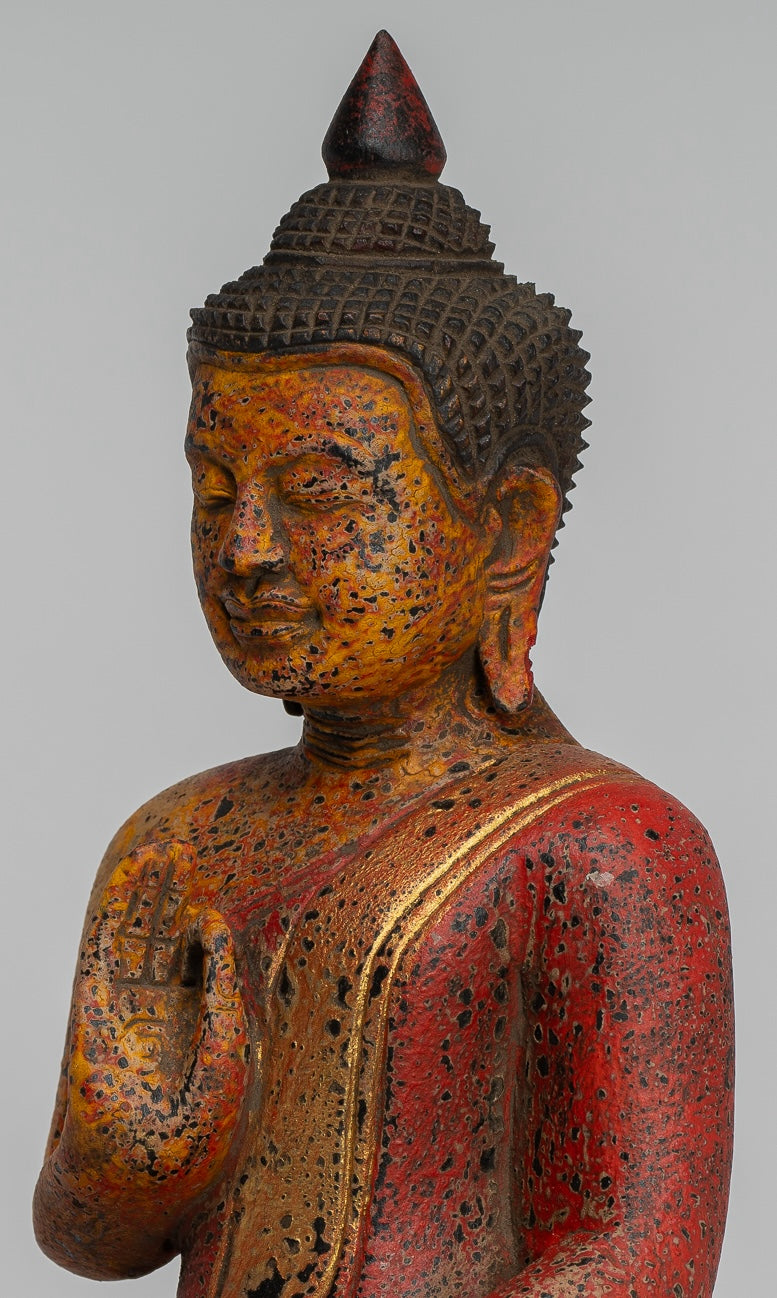 Buddha Statue - Antique Khmer Style Cambodia Seated Wood Buddha Statue Teaching Mudra - 27cm/11"