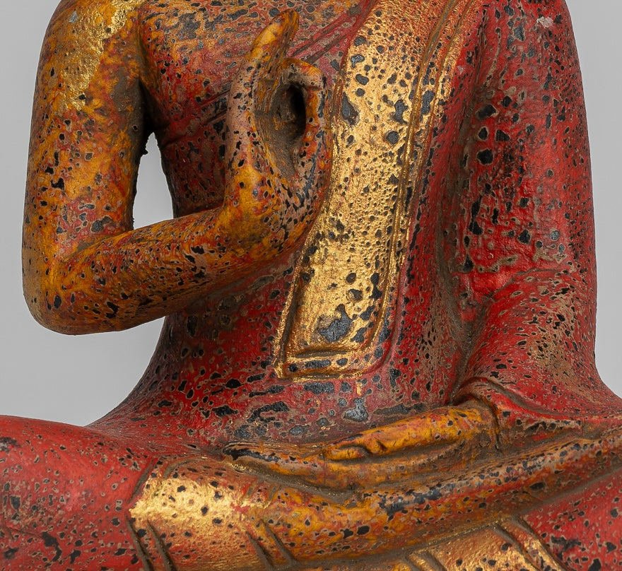 Buddha Statue - Antique Khmer Style Cambodia Seated Wood Buddha Statue Teaching Mudra - 27cm/11"