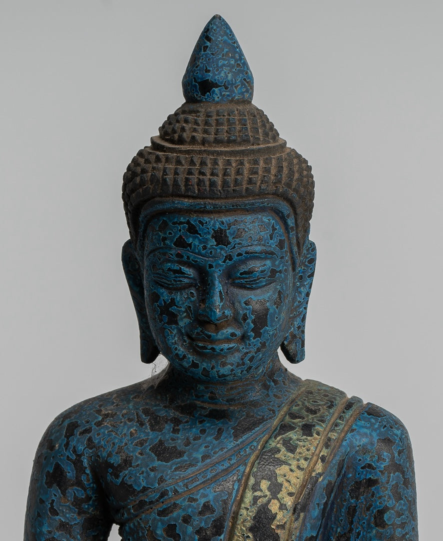 Bouddha Sculpture - Antique Khmer Style Wood Asered Bouddha Statue Dhyana Meditation Mudra - 22cm / 9 "